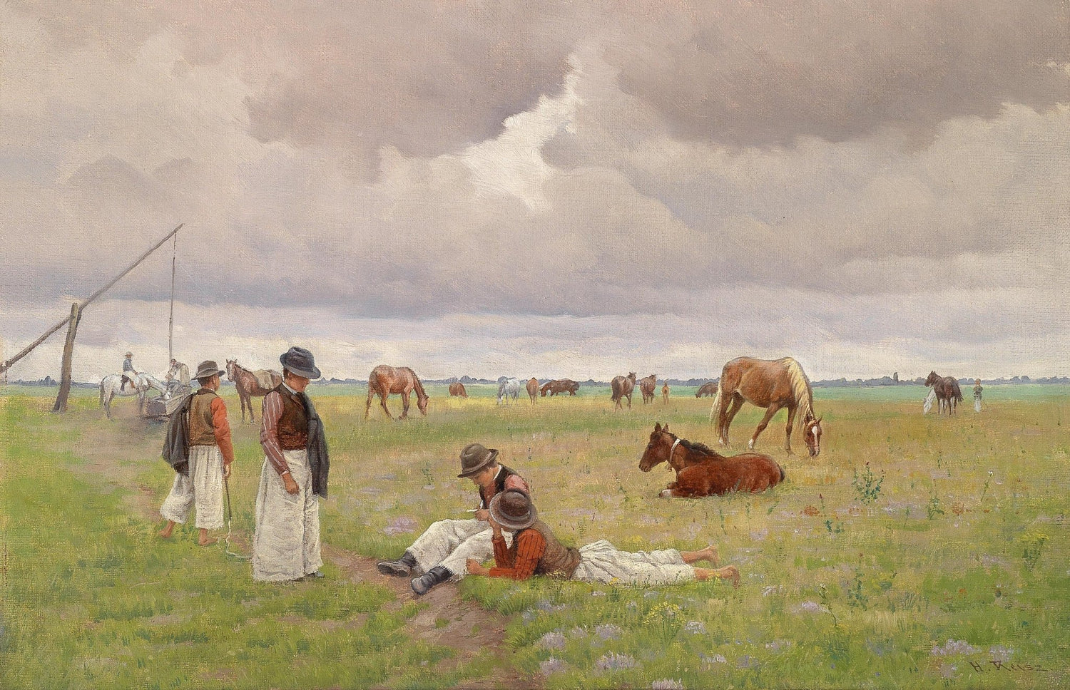 Landscape Oil Painting - Pastoral Ranch, Herders, Horses & Overcast Skies - Oil Painting Haven