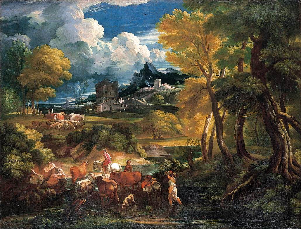 Hand-painted pastoral river crossing with cattle landscape oil painting on canvas