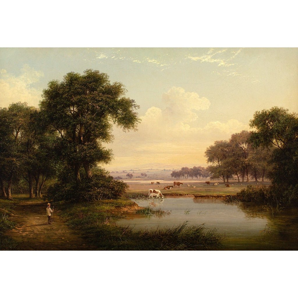 Hand-painted pastoral river meadow with cattle landscape oil painting on canvas