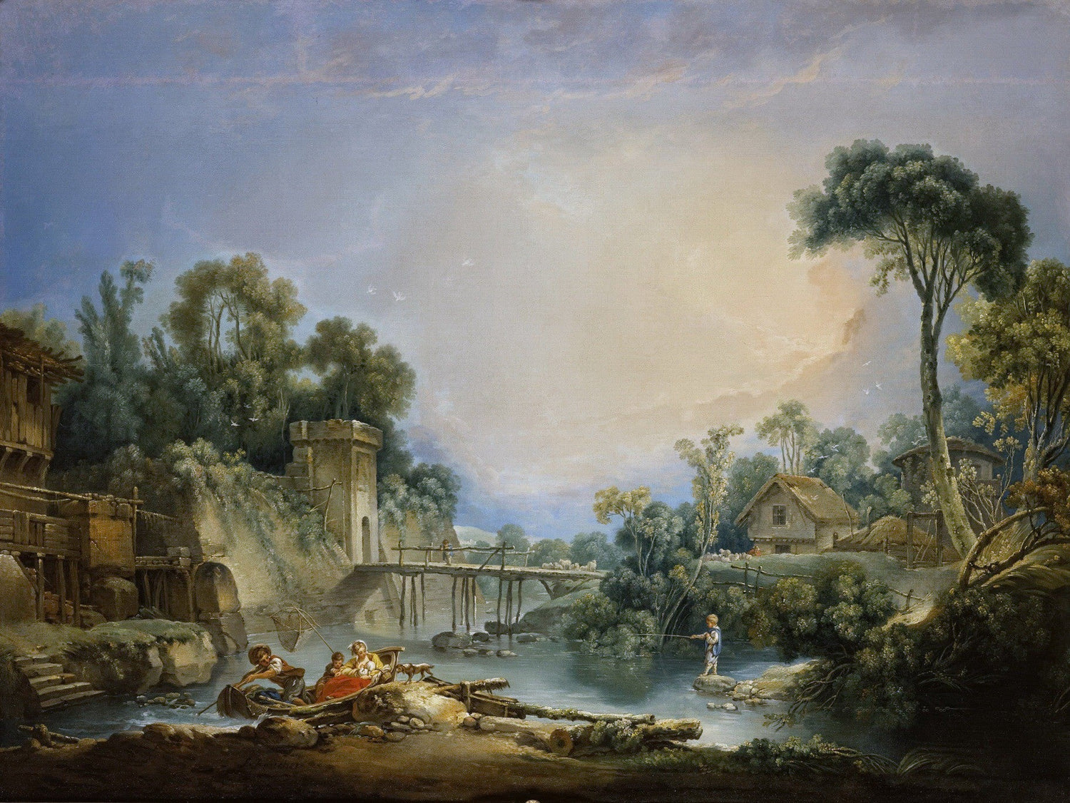 Landscape oil painting of a pastoral river scene with stone bridge, cottages, and vibrant greenery, hand painted oil on. - Add Frame, Architecture, Canvas, Country, Hand Painted, Landscape, Made To Order, Oil Painting, River