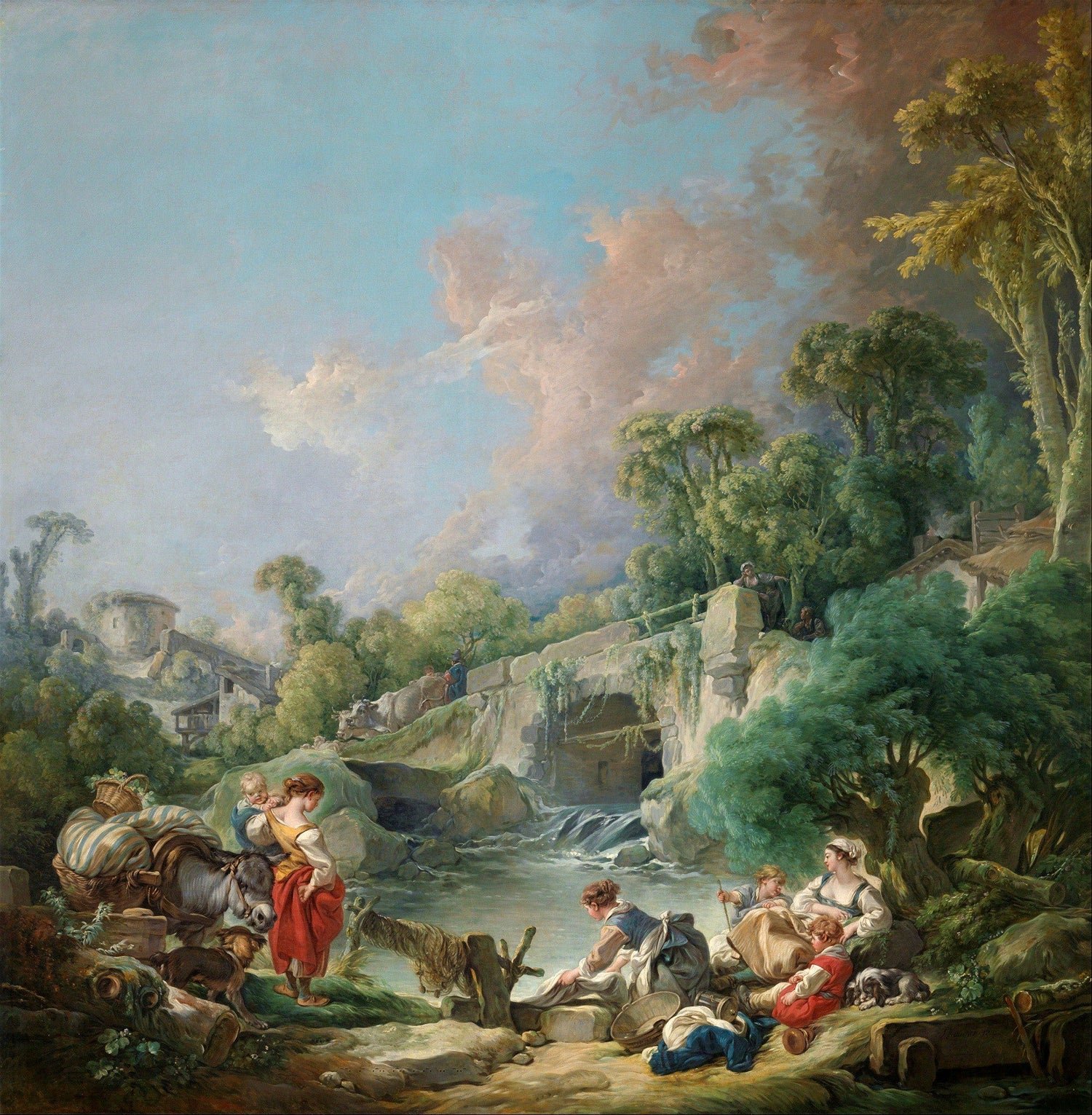 Hand painted landscape oil painting on canvas depicting a pastoral river scene with figures by a stone bridge, featuring. - Add Frame, Architecture, Canvas, Country, Figure, Hand Painted, Landscape, Made To Order, Oil Painting, River
