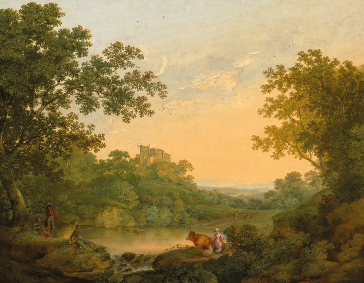 Hand-painted pastoral river valley and distant ruins landscape oil painting on canvas