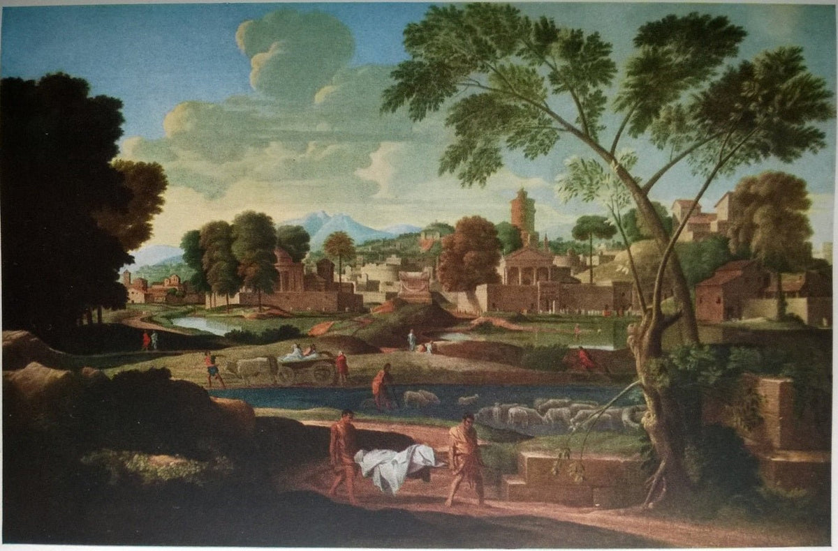 Hand-painted pastoral river valley with figures landscape oil painting on canvas