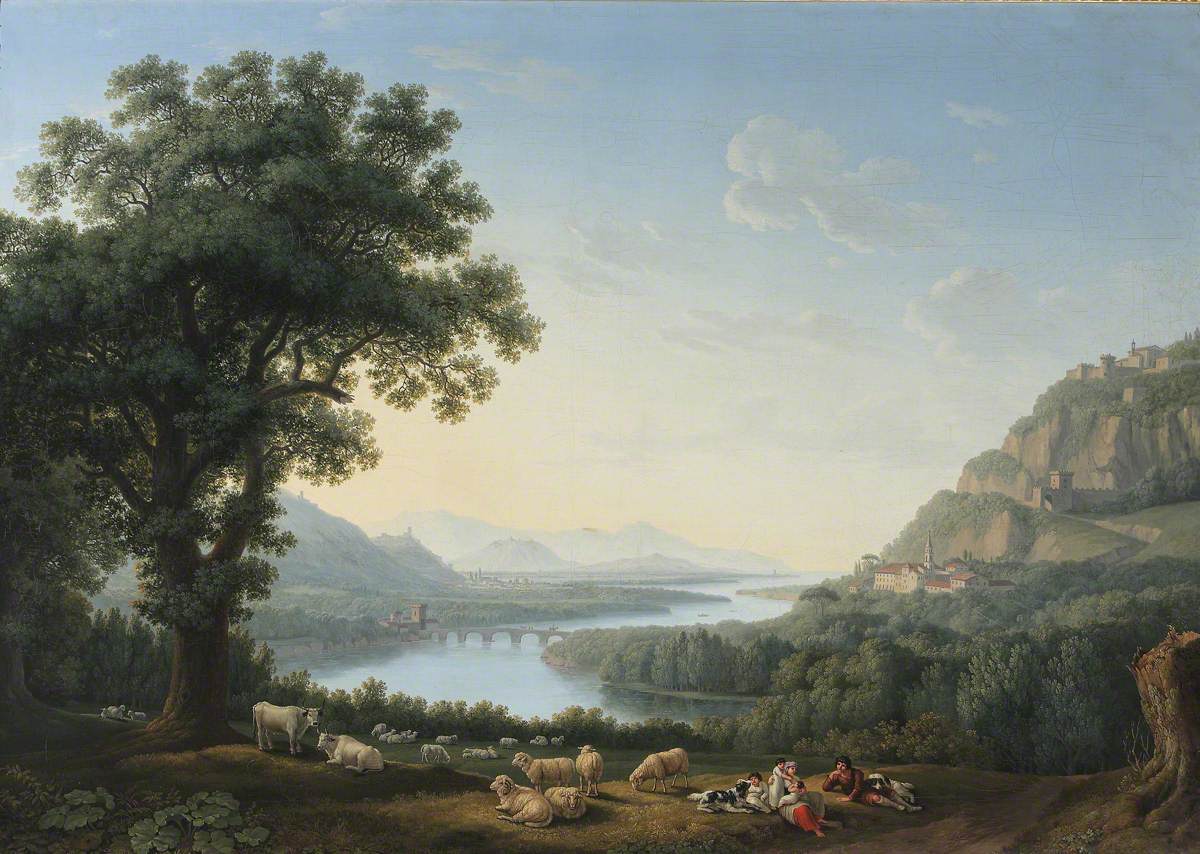 Hand-painted pastoral river valley with sheep landscape oil painting on canvas