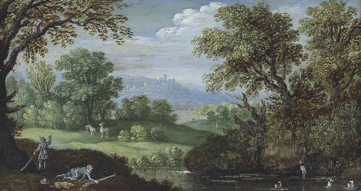 Hand-painted pastoral river with deer and castle landscape oil painting on canvas