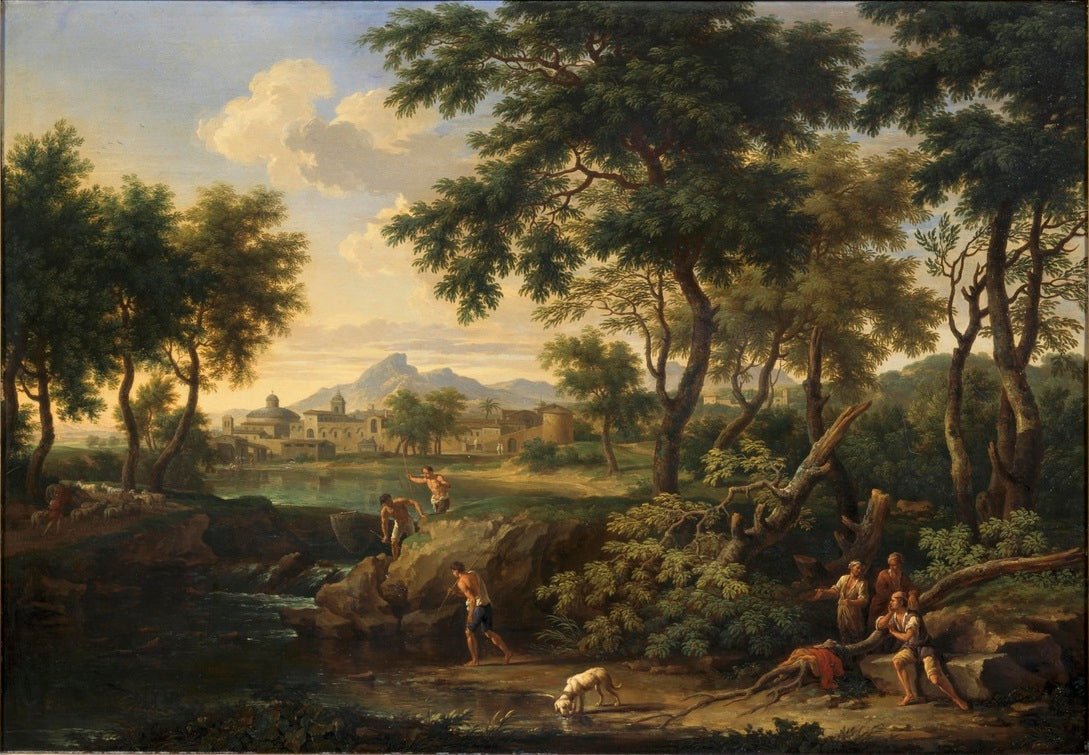 Hand-painted pastoral river with village and figures landscape oil painting on canvas