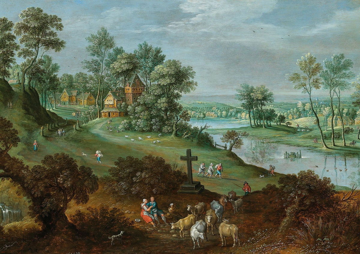 Hand-painted pastoral riverside village with sheep landscape oil painting on canvas