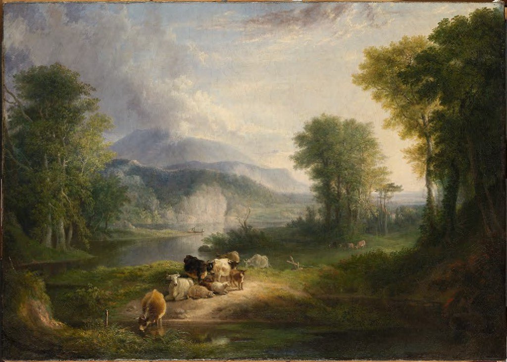 Hand-painted pastoral riverside with cattle and hills landscape oil painting on canvas