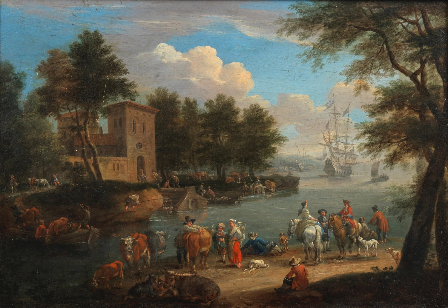 Hand-painted pastoral riverside with figures and boats landscape oil painting on canvas