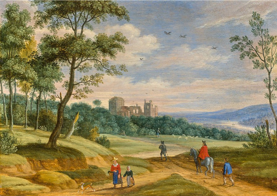 Hand-painted pastoral road, riders and distant castle landscape oil painting on canvas