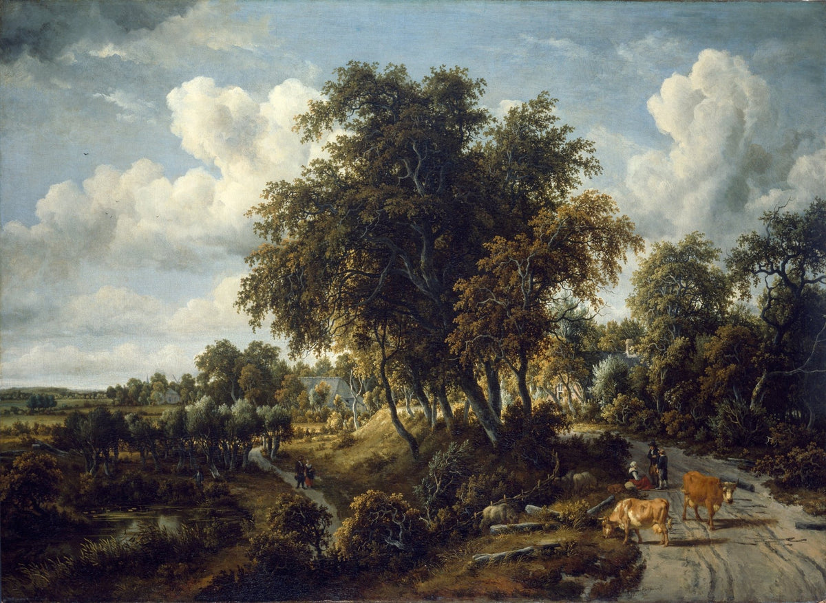 Hand-painted pastoral road with cattle and oak trees landscape oil painting on canvas