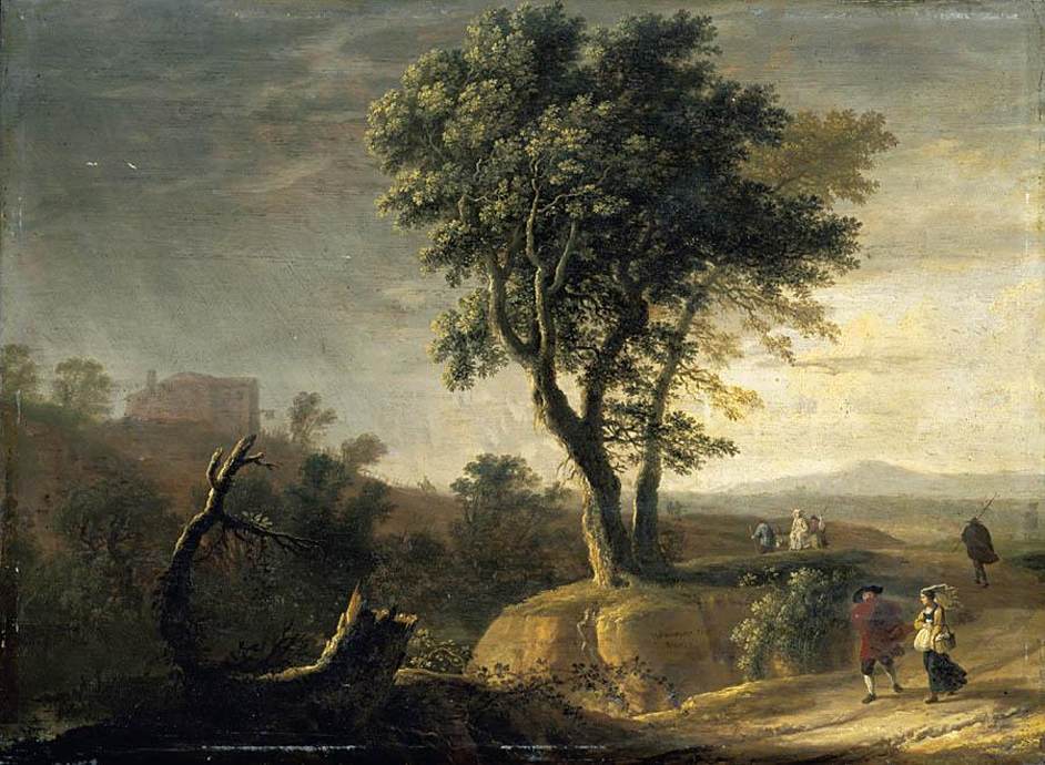 Hand-painted pastoral road with figures and trees landscape oil painting on canvas