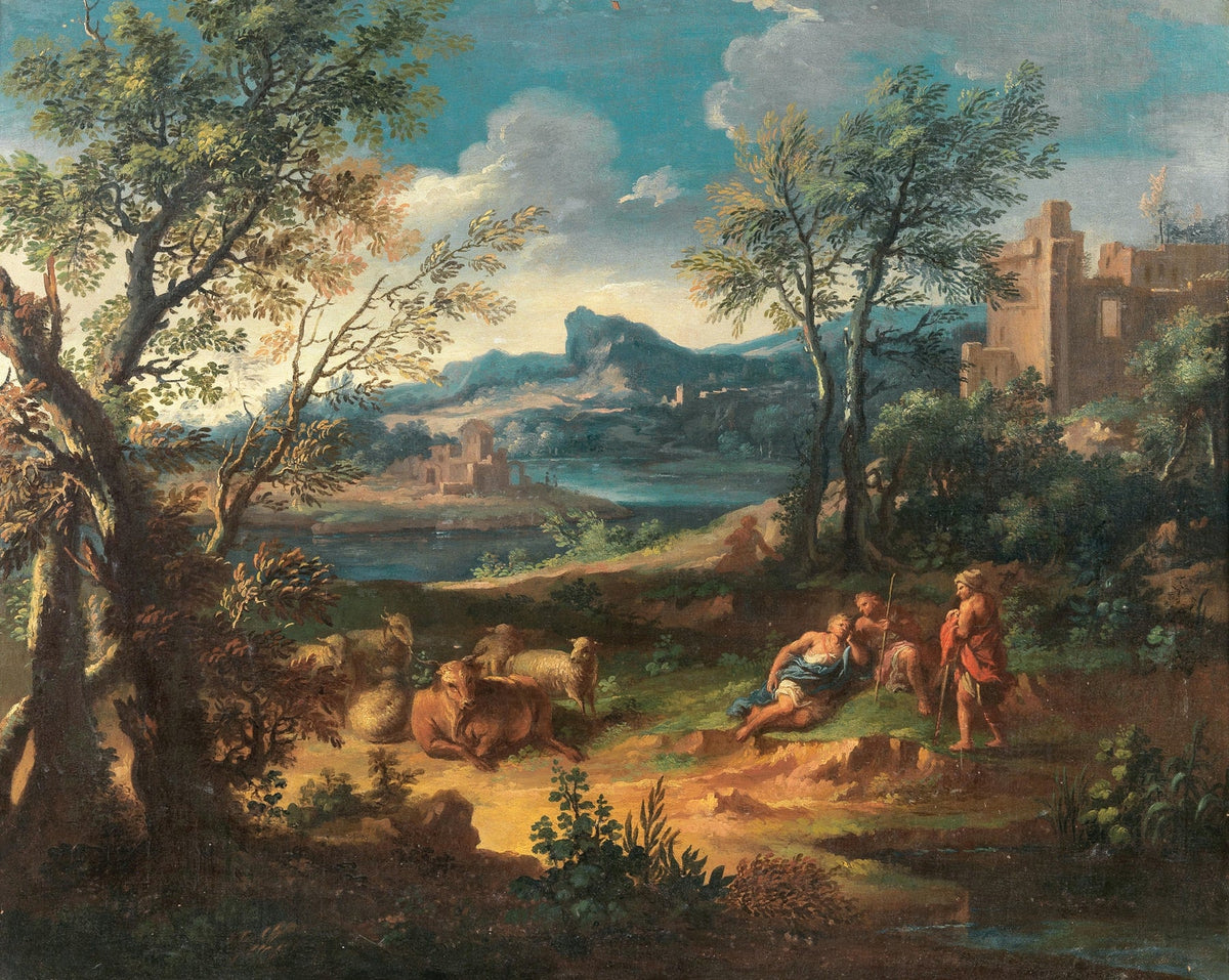 Hand-painted pastoral ruins and resting shepherds landscape oil painting on canvas