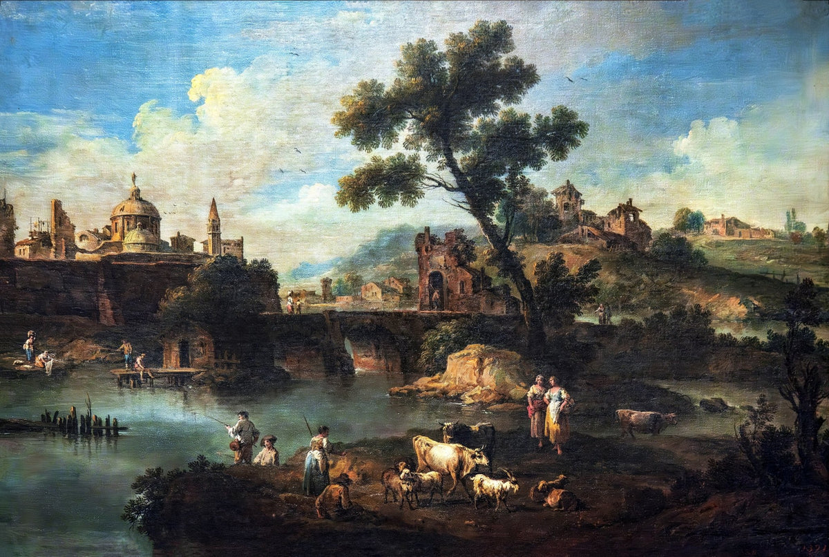 Hand-painted pastoral ruins river scene with cattle landscape oil painting on canvas