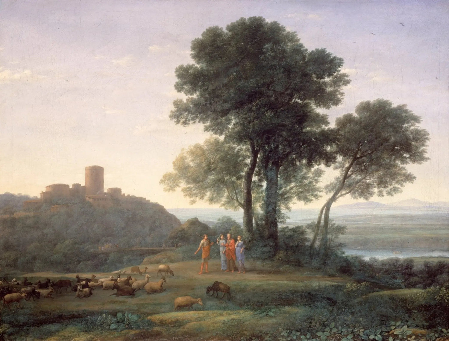 Landscape oil painting on canvas featuring a pastoral castle on a hill, figures and livestock near tall trees, detailed hand . - Add Frame, Architecture, Canvas, Castle, Country, Figure, Hand Painted, Landscape, Made To Order, Oil Painting