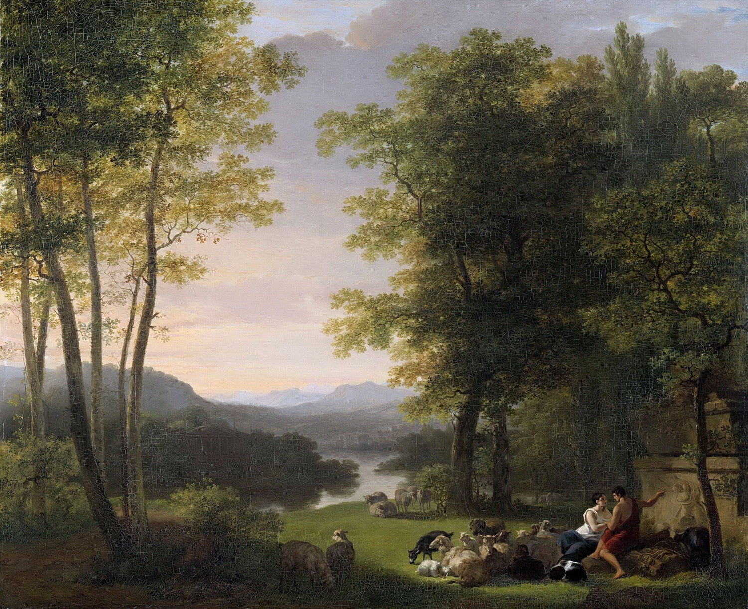 Hand painted landscape oil painting on canvas depicting shepherd resting by river with grazing sheep, textured brushwork on. - Add Frame, Animal, Canvas, Country, Farm, Forest, Hand Painted, Landscape, Made To Order, Oil Painting, River