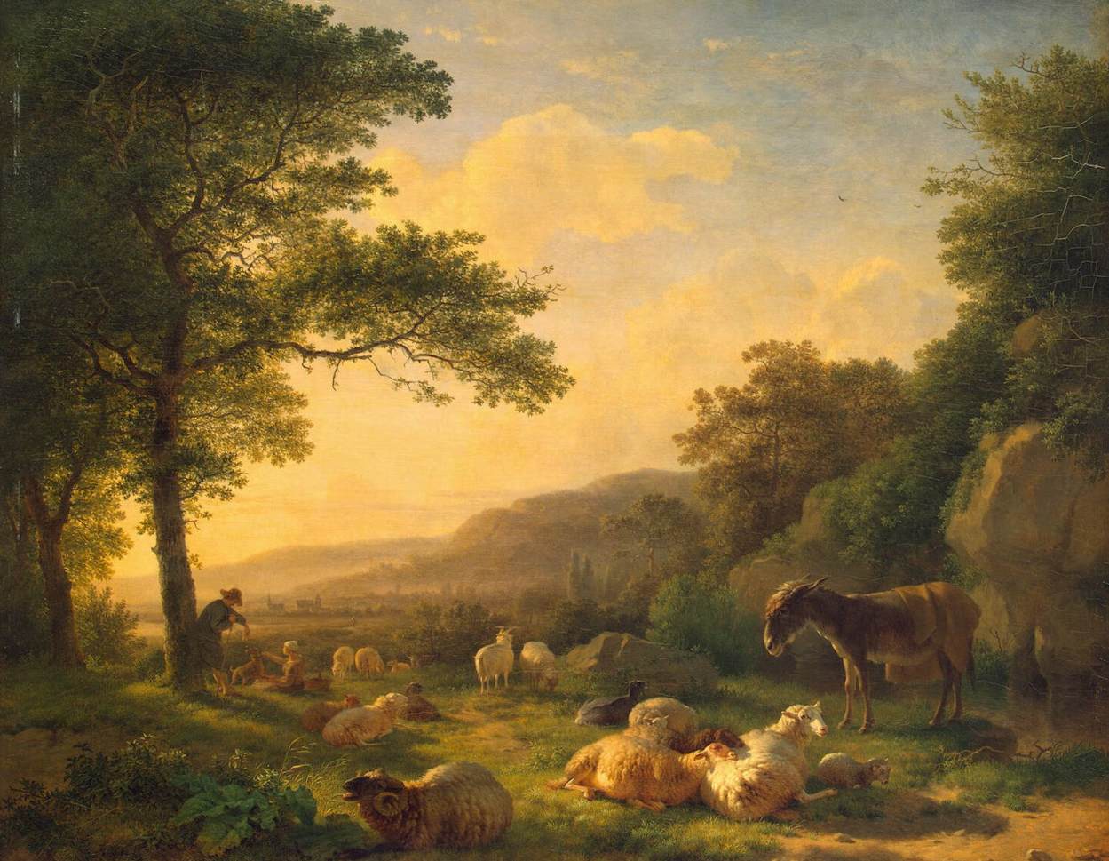 Hand-painted pastoral sheep, donkey and golden light landscape oil painting on canvas
