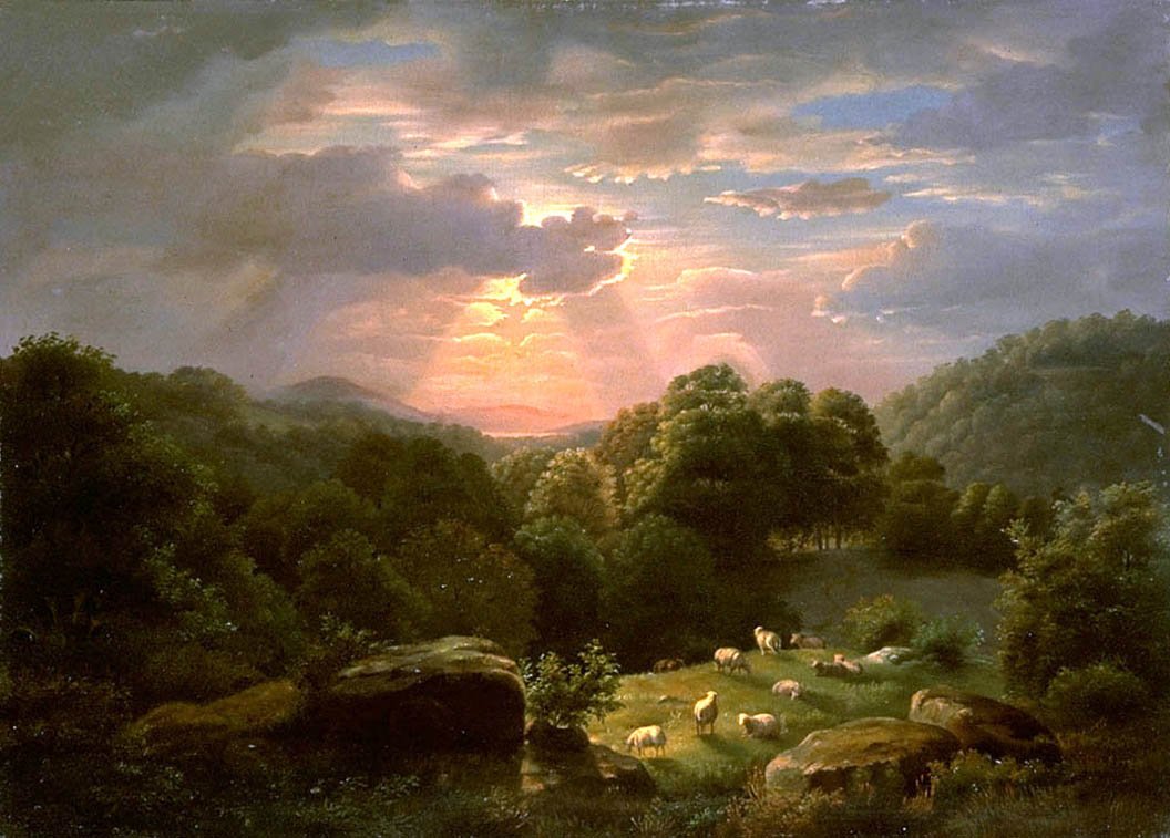 Hand-painted pastoral sunset meadow with grazing sheep landscape oil painting on canvas