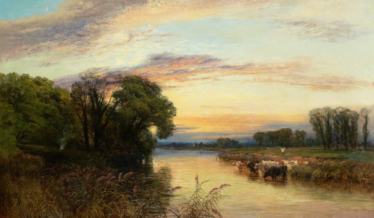 Hand-painted pastoral sunset river scene with cattle landscape oil painting on canvas