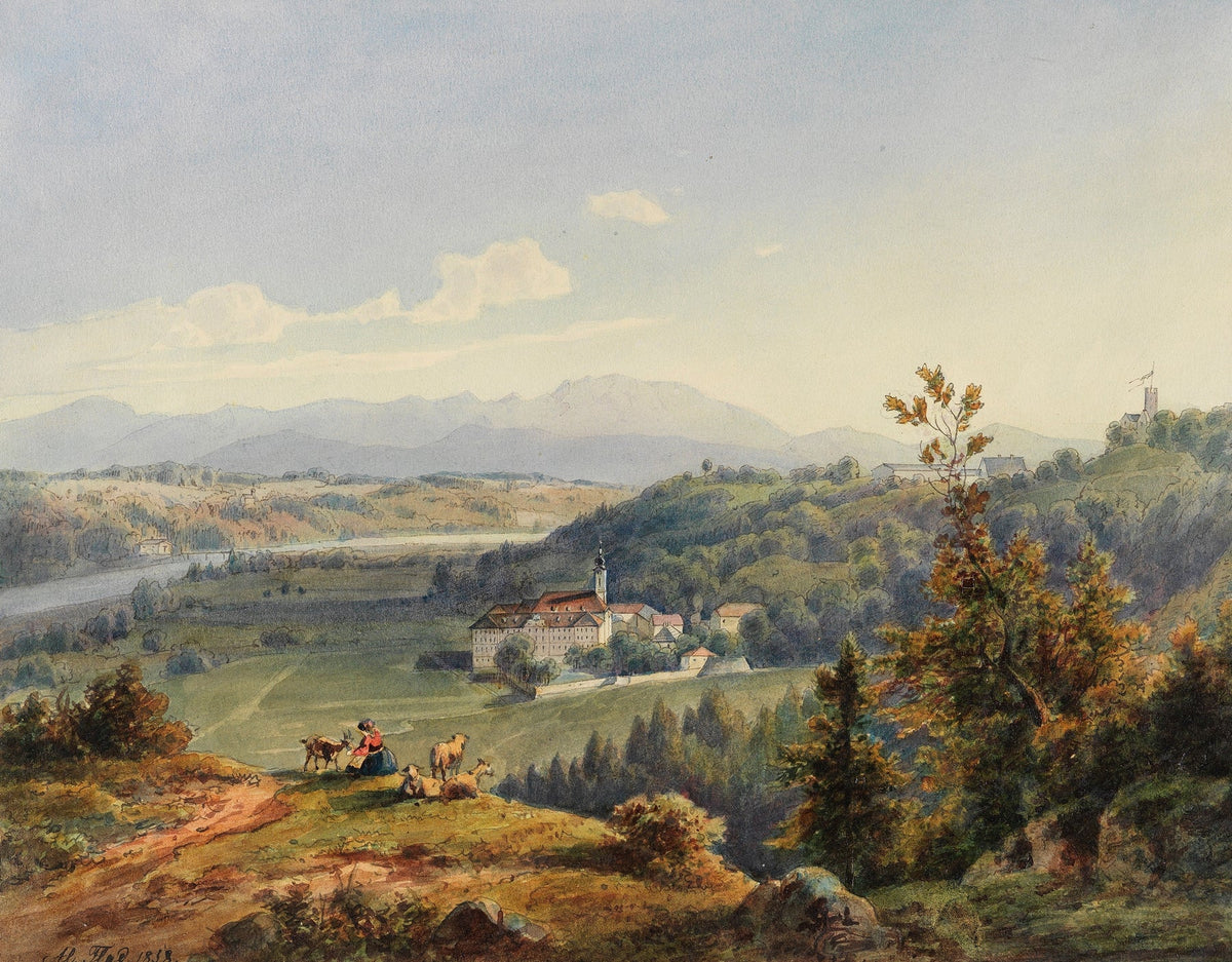 Hand-painted pastoral valley monastery mountain view landscape oil painting on canvas