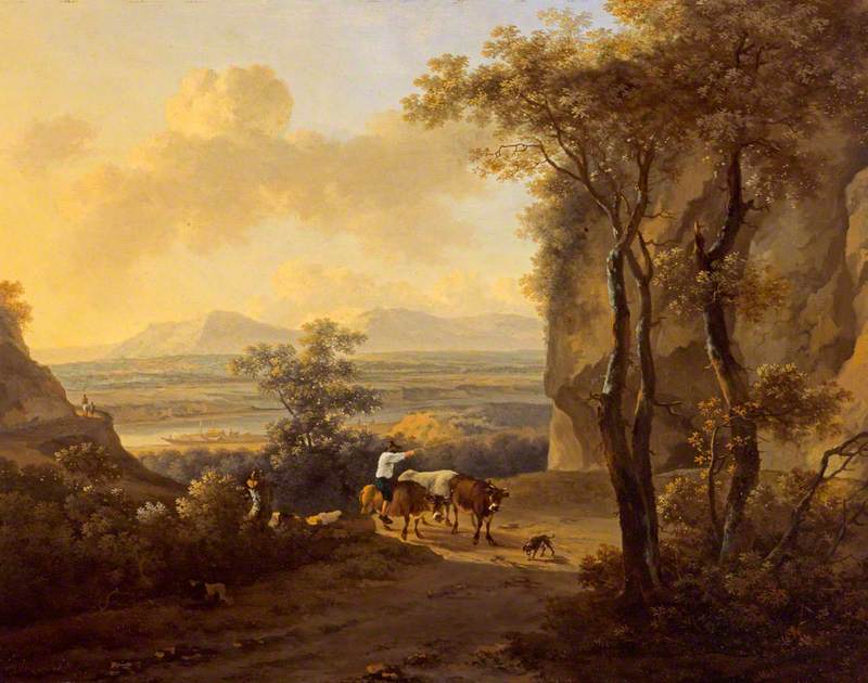 Hand-painted pastoral valley path with cattle landscape oil painting on canvas