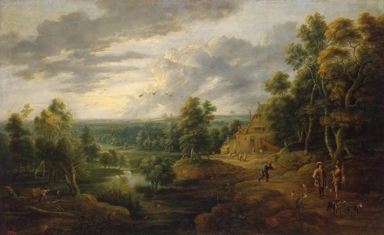 Hand-painted pastoral valley with cottage and hunters landscape oil painting on canvas