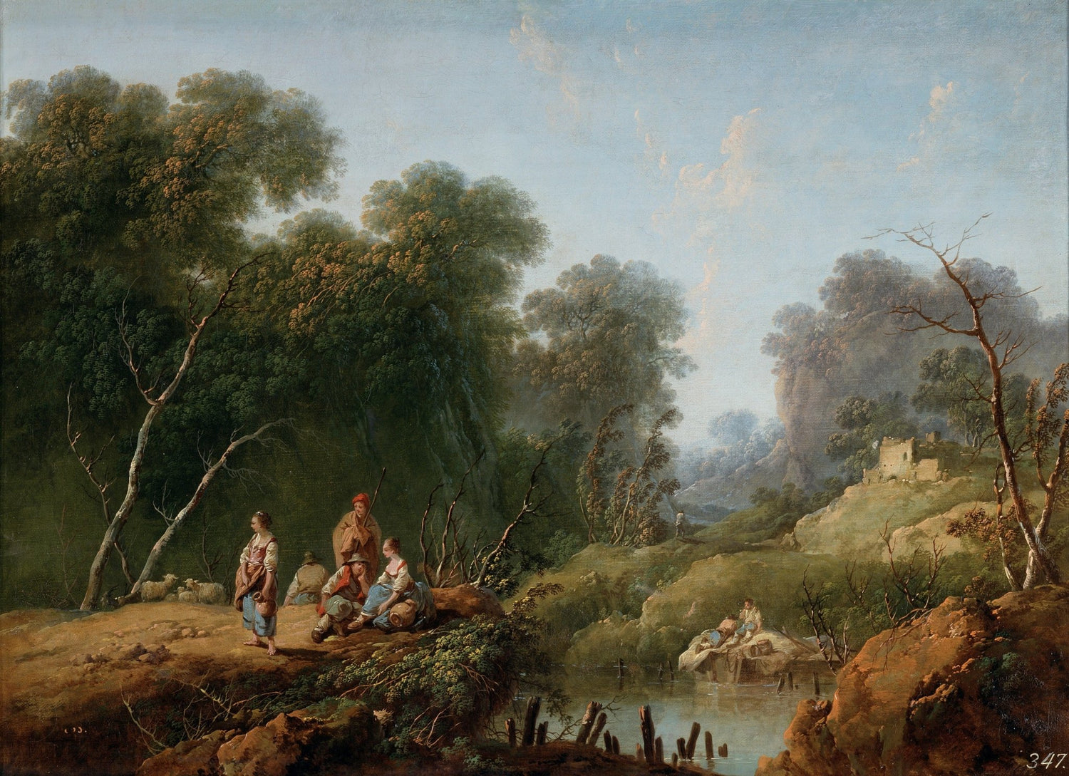 Pastoral valley landscape oil painting with figures by river, hand painted oil on canvas with textured brushwork, lush. - Add Frame, Canvas, Country, Figure, Forest, Hand Painted, Landscape, Made To Order, Mountain, Oil Painting, River