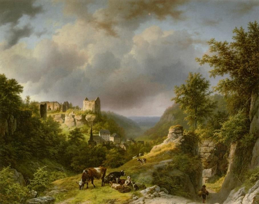 Hand-painted pastoral valley with ruins and cattle landscape oil painting on canvas