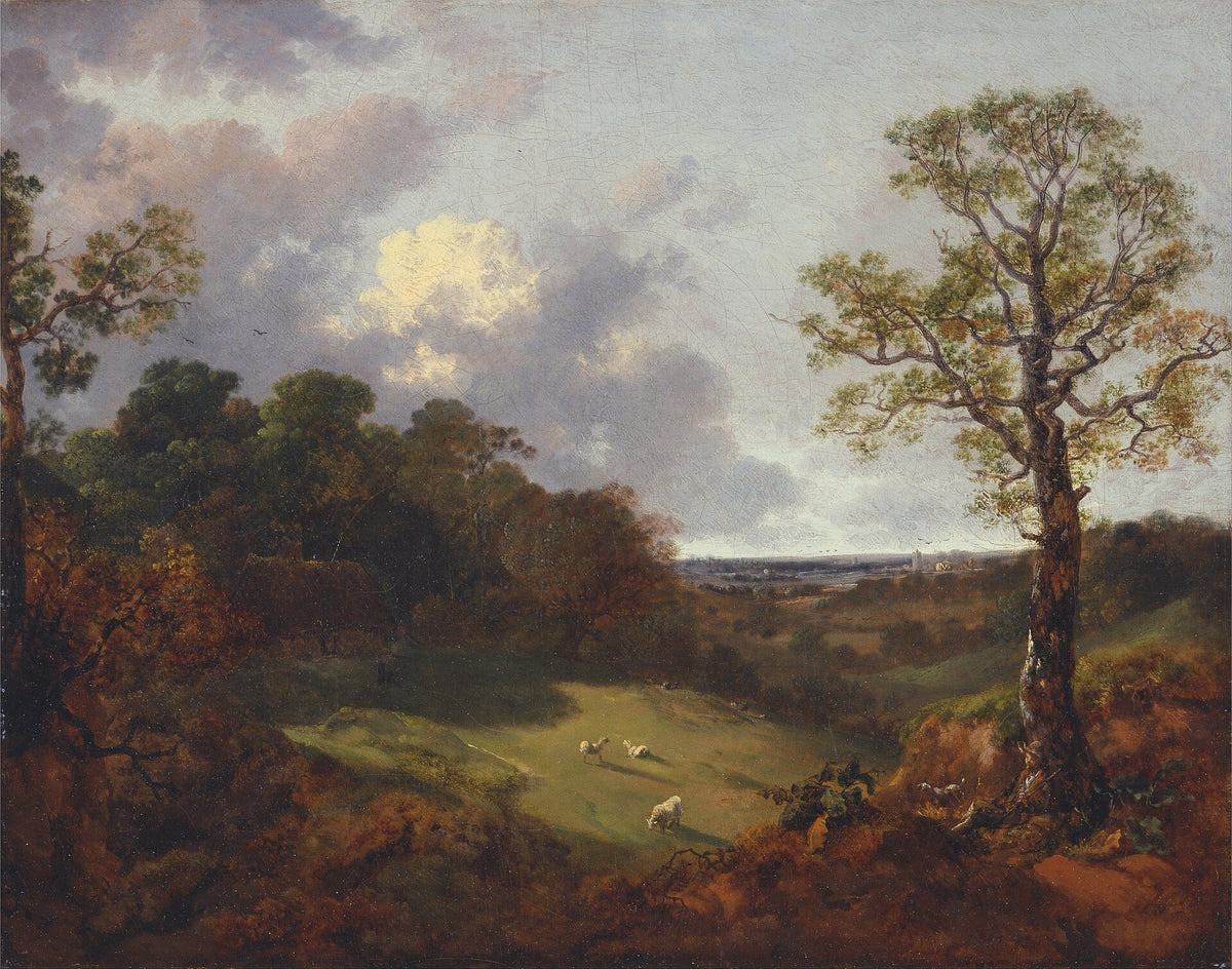 Hand-painted pastoral valley with sheep and storm sky landscape oil painting on canvas