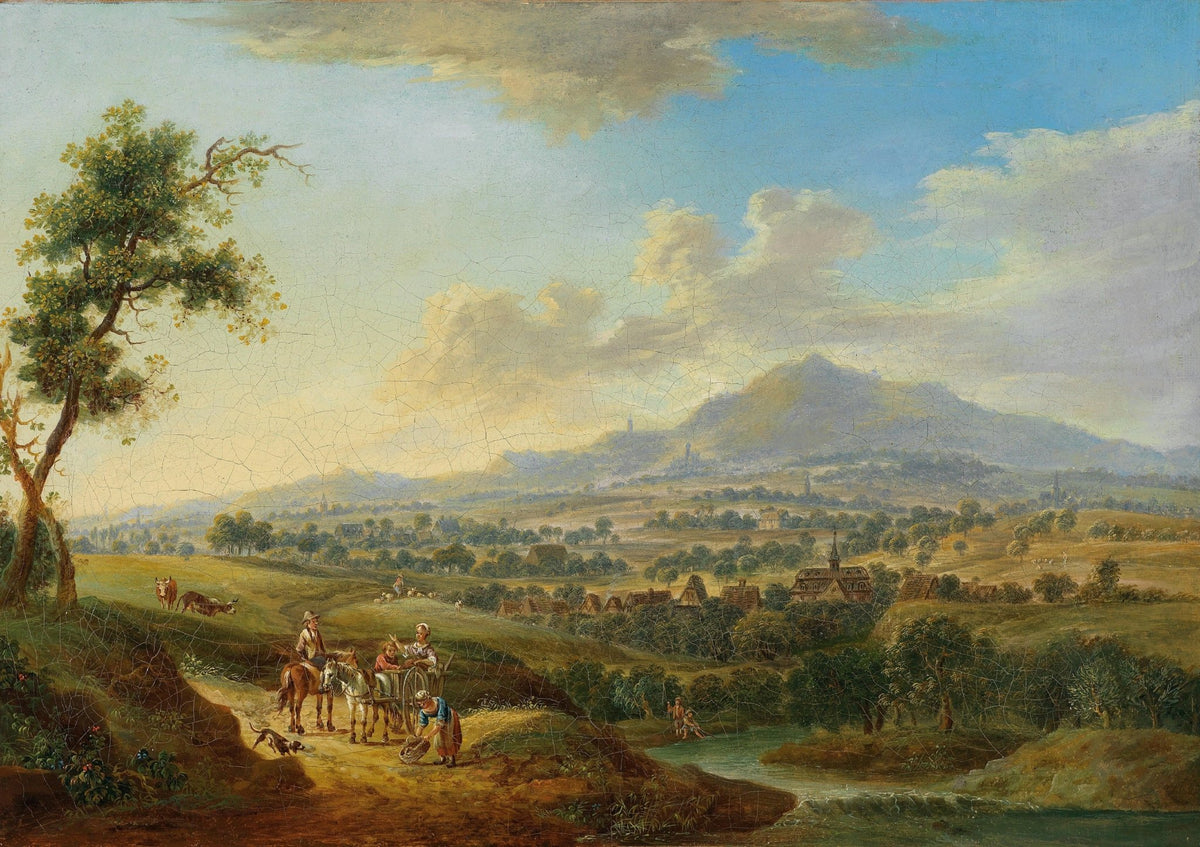 Hand-painted pastoral valley with village and cart landscape oil painting on canvas