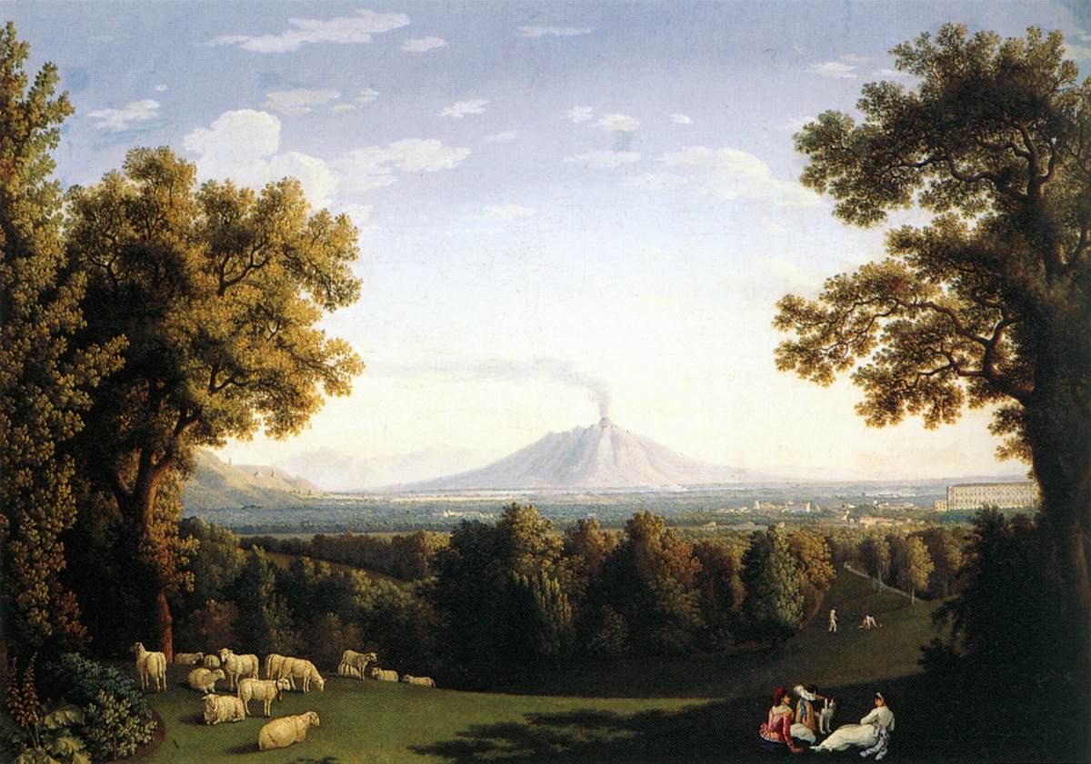 Hand-painted pastoral view with sheep and distant volcano landscape oil painting on canvas