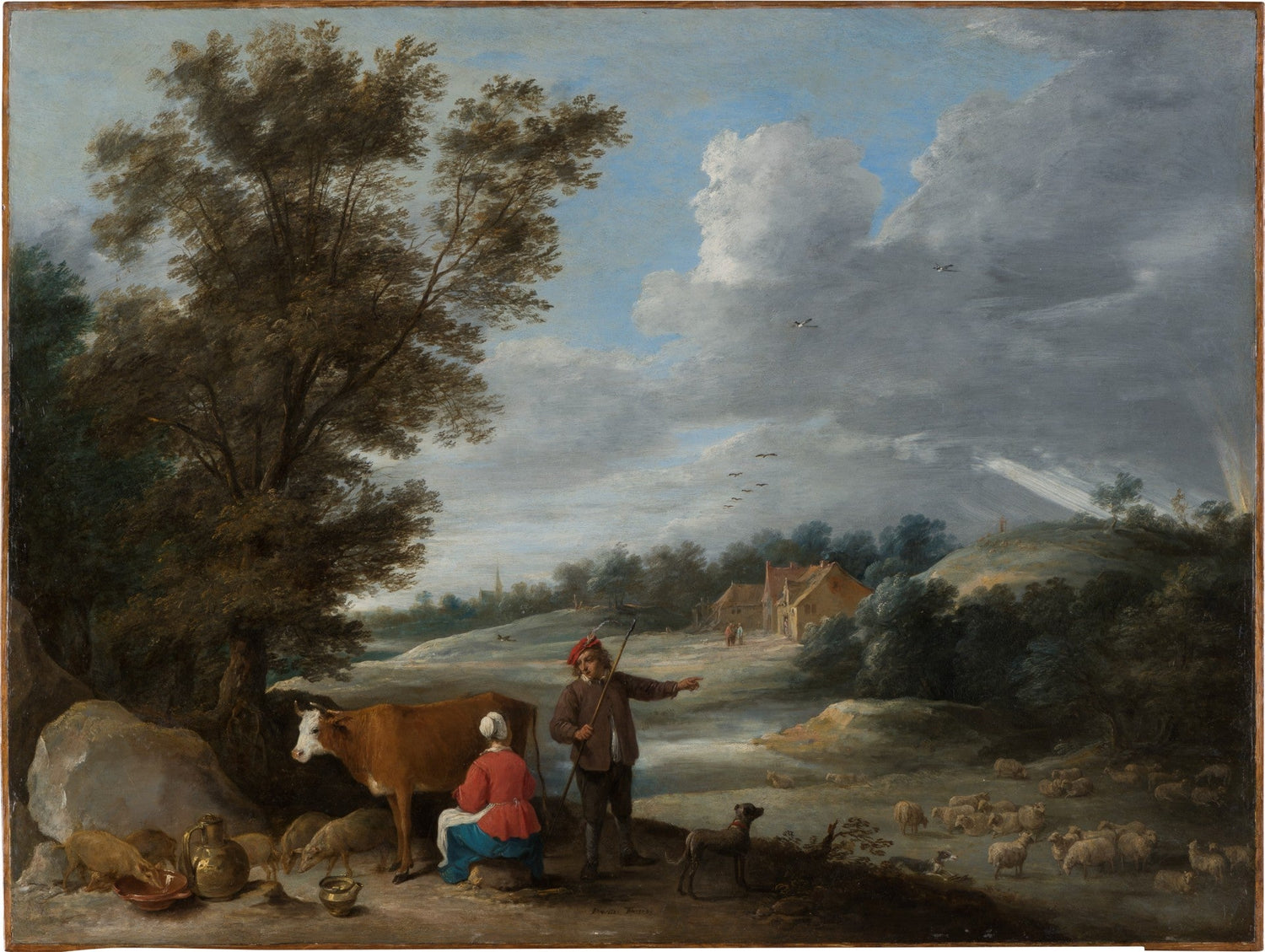 Hand-painted pastoral view with shepherd and sheep landscape oil painting on canvas