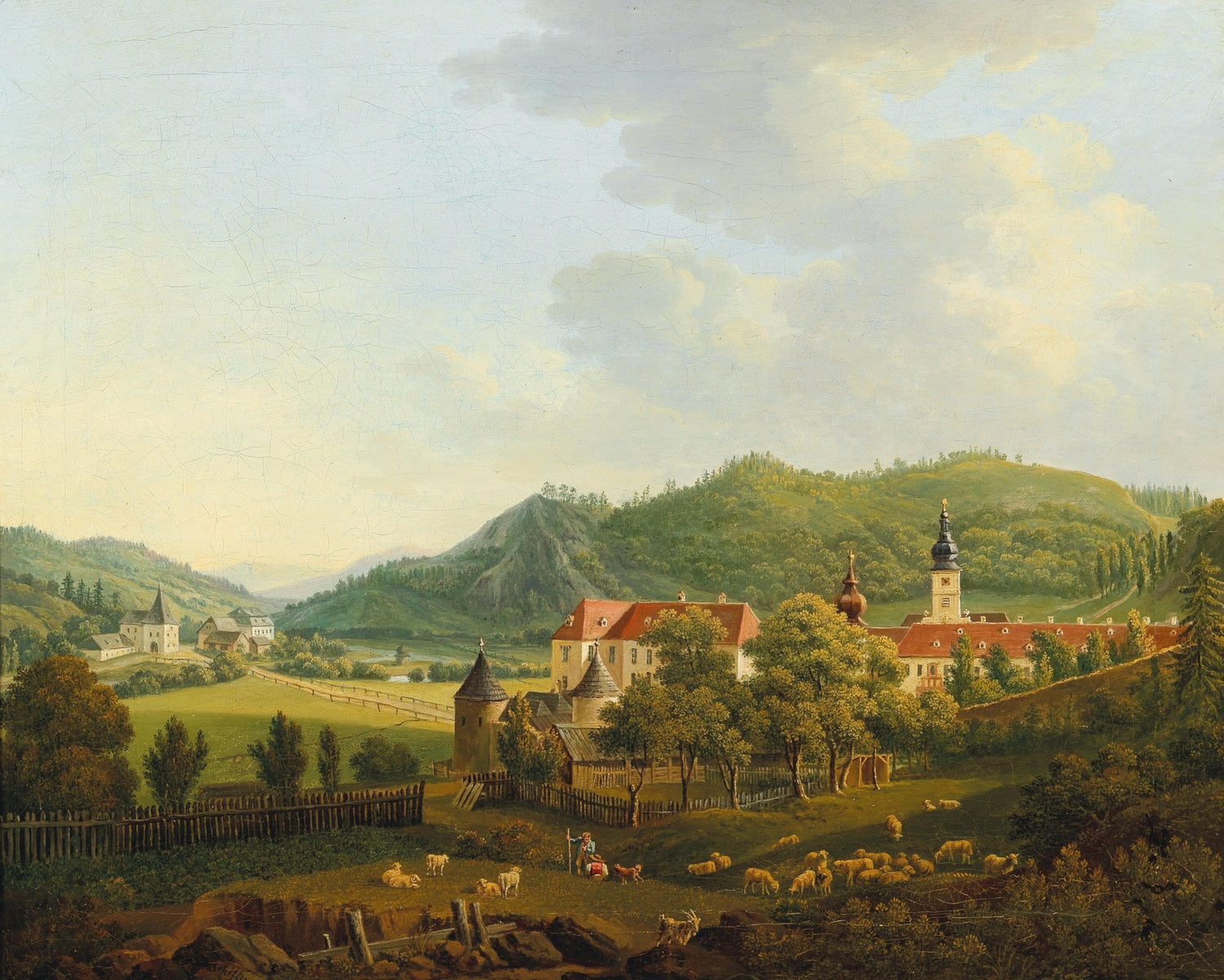 Hand-painted pastoral village with sheep and hills landscape oil painting on canvas