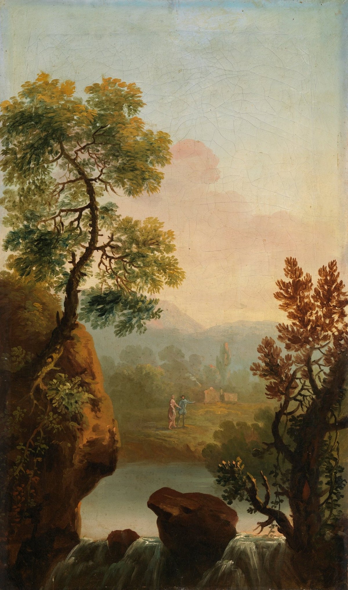 Hand-painted pastoral waterfall in a woodland vale landscape oil painting on canvas