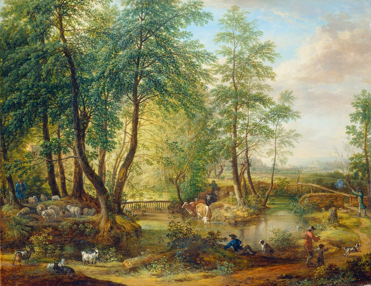 Hand-painted pastoral woodland stream with sheep landscape oil painting on canvas
