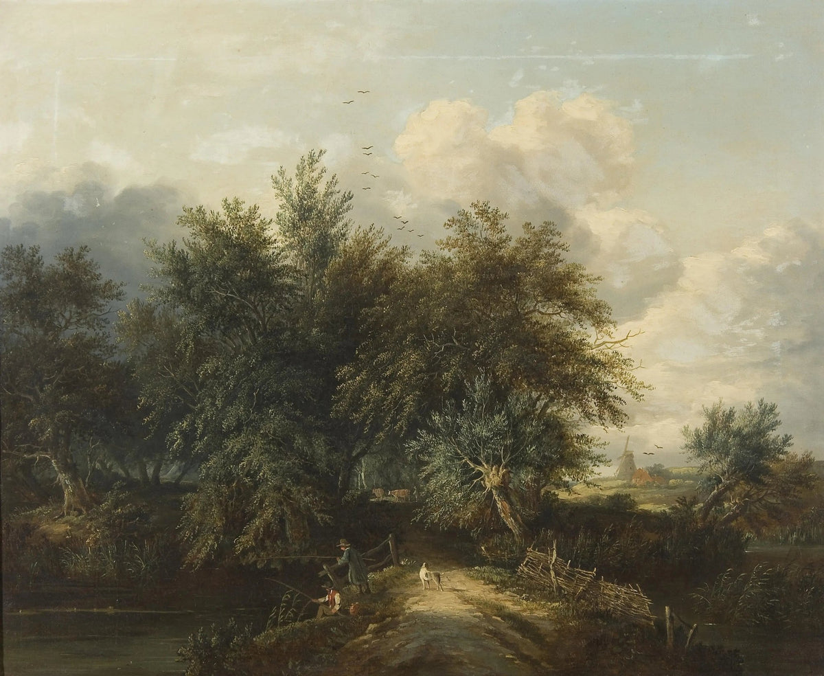 Landscape oil painting with textured brushwork depicting a river path flanked by dense trees and figures walking along, oil. - Add Frame, Animal, Canvas, Country, Figure, Forest, Hand Painted, Landscape, Made To Order, Oil Painting, River, Road