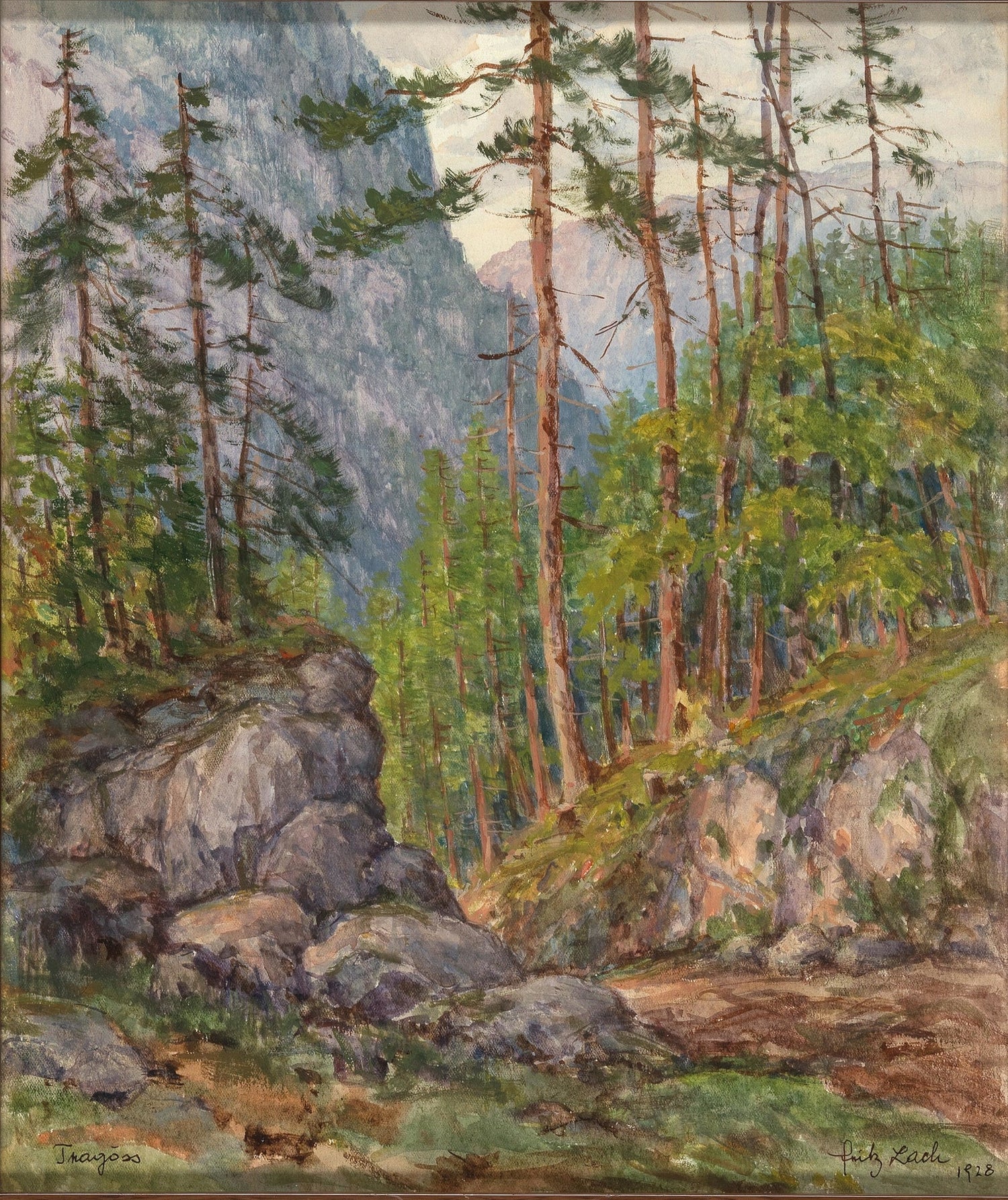 Hand-painted pine forest and mountain valley scene landscape oil painting on canvas