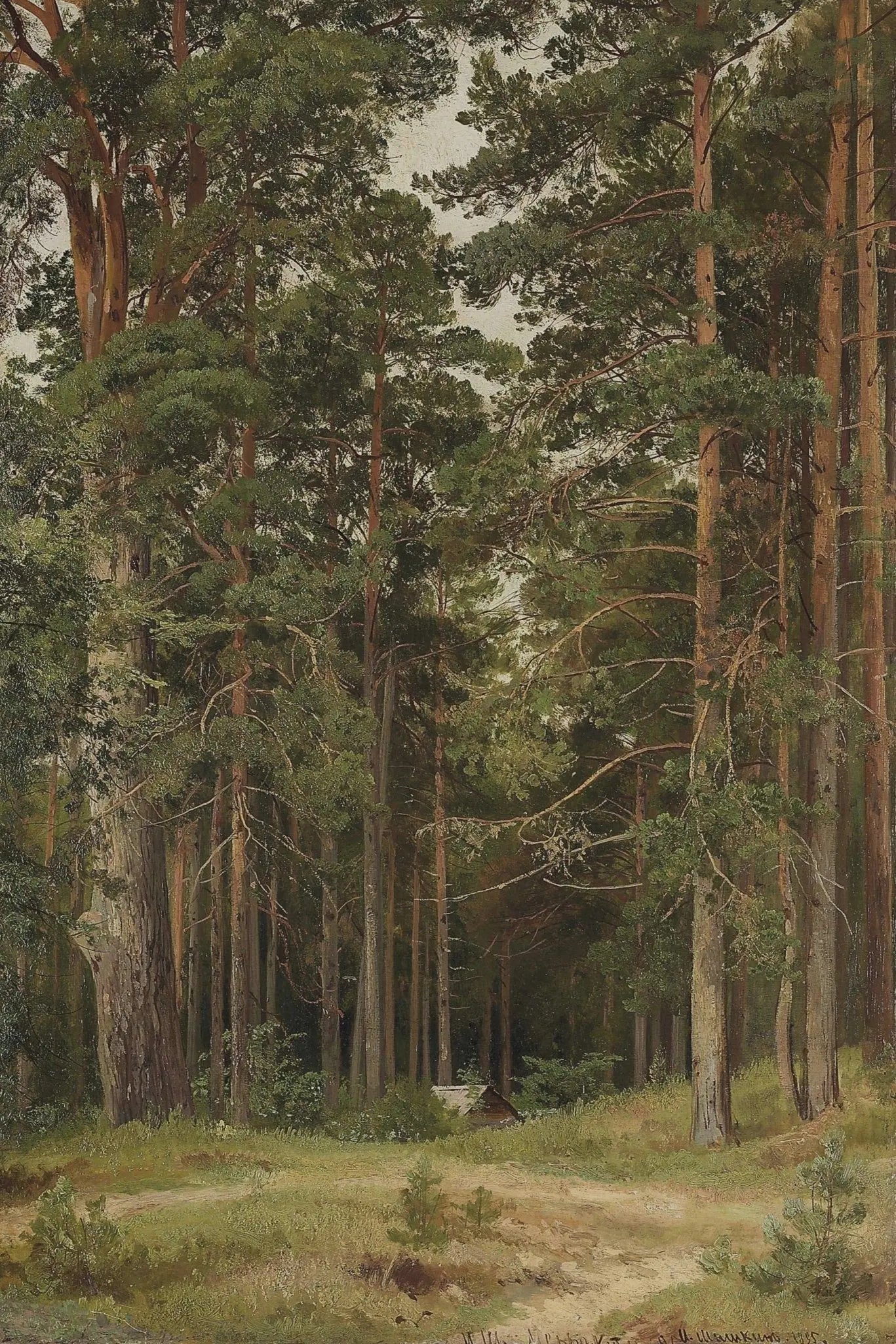 Hand painted landscape oil painting on canvas depicting a pine forest with textured brushwork, a winding path, and a rustic. - Add Frame, Canvas, Cottage, Forest, Hand Painted, Landscape, Made To Order, Oil Painting, Road