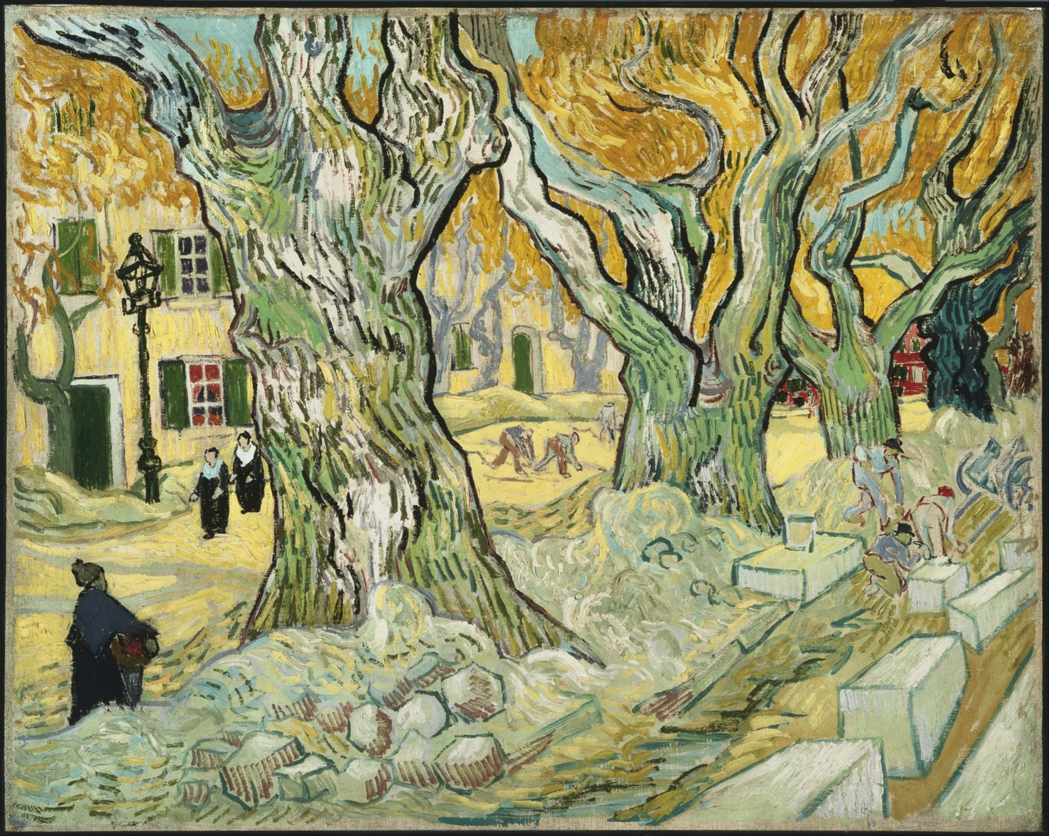 Hand-painted plane trees and road menders in arles landscape oil painting on canvas