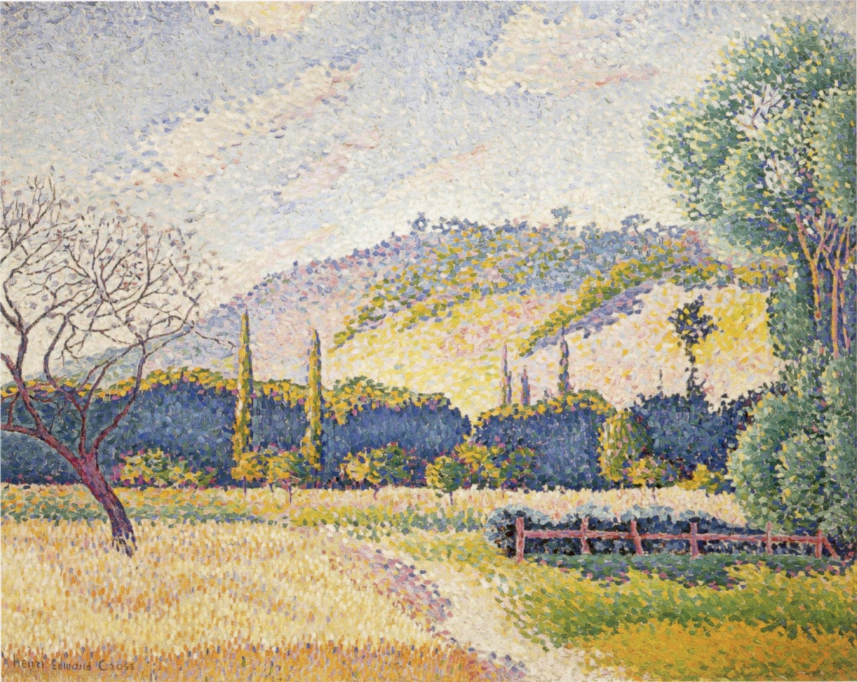 Hand-painted pointillist meadow with cypress hills landscape oil painting on canvas