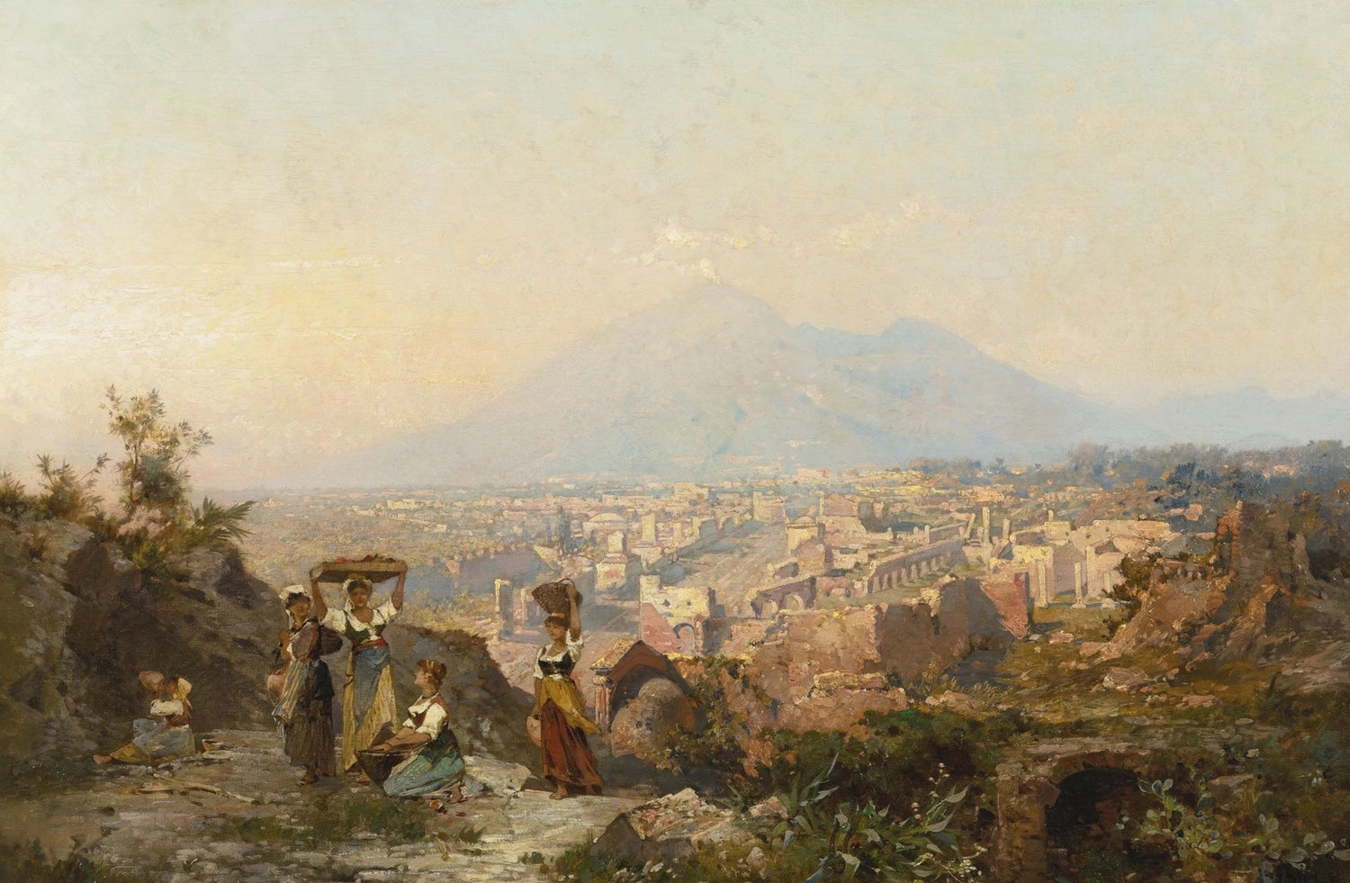 Hand-painted pompeii hill view with figures and ruins landscape oil painting on canvas
