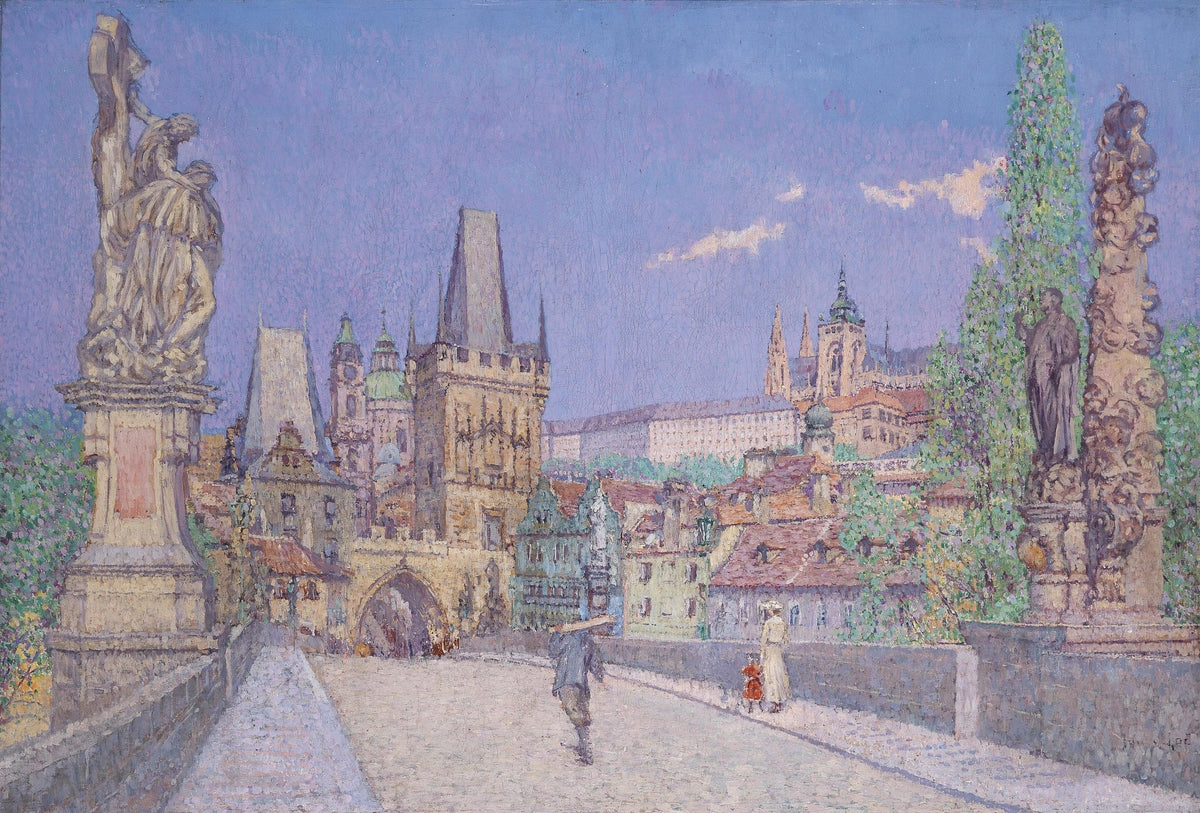 Hand-painted prague bridge and historic city view landscape oil painting on canvas