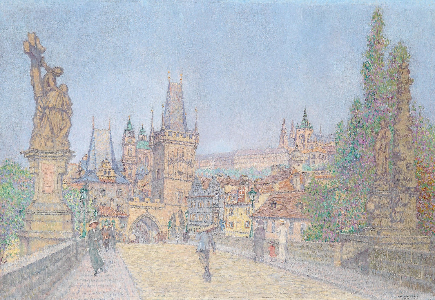 Hand-painted prague bridge view with spring blossoms landscape oil painting on canvas