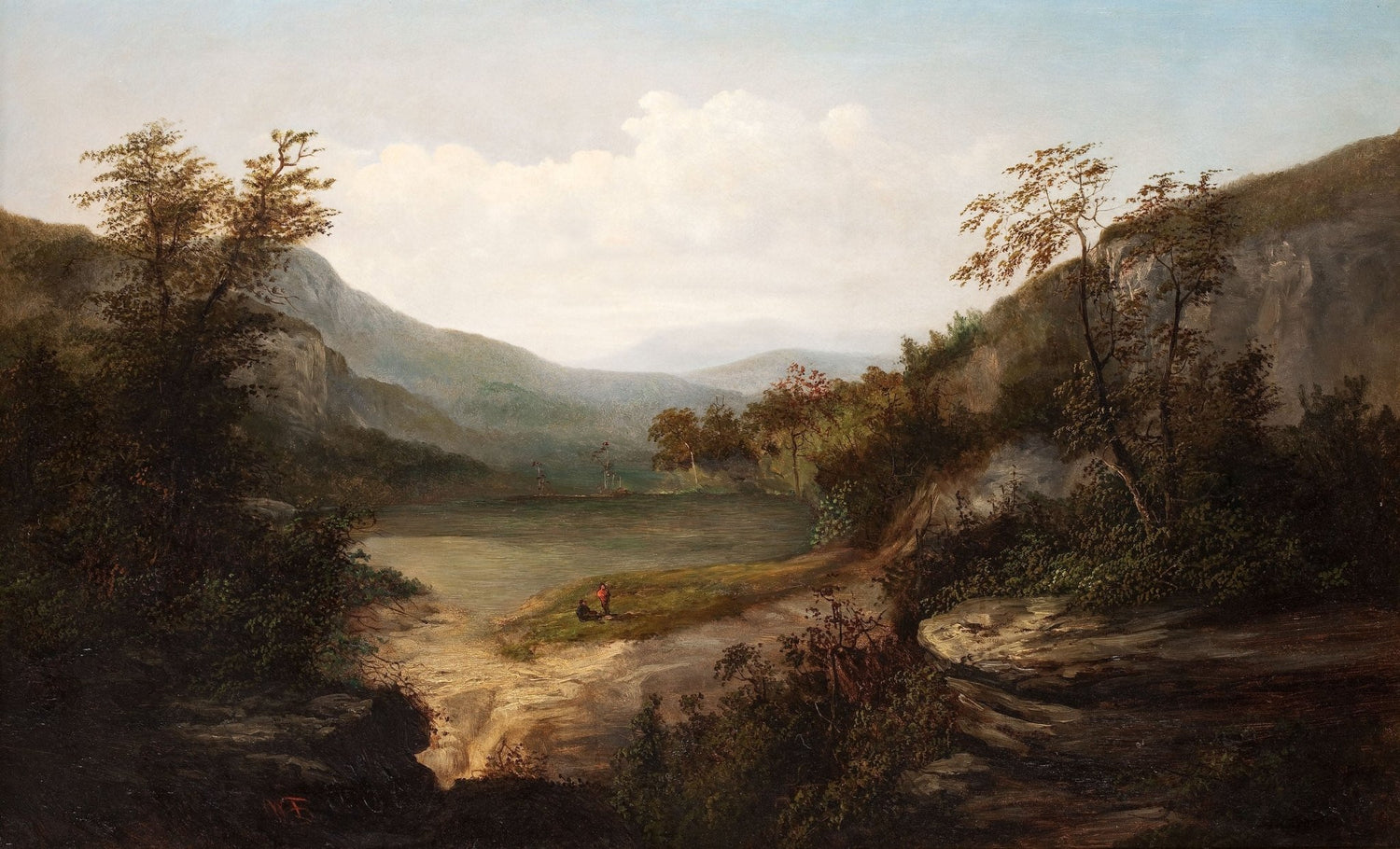 Hand-painted quiet lake in a mountain valley landscape oil painting on canvas