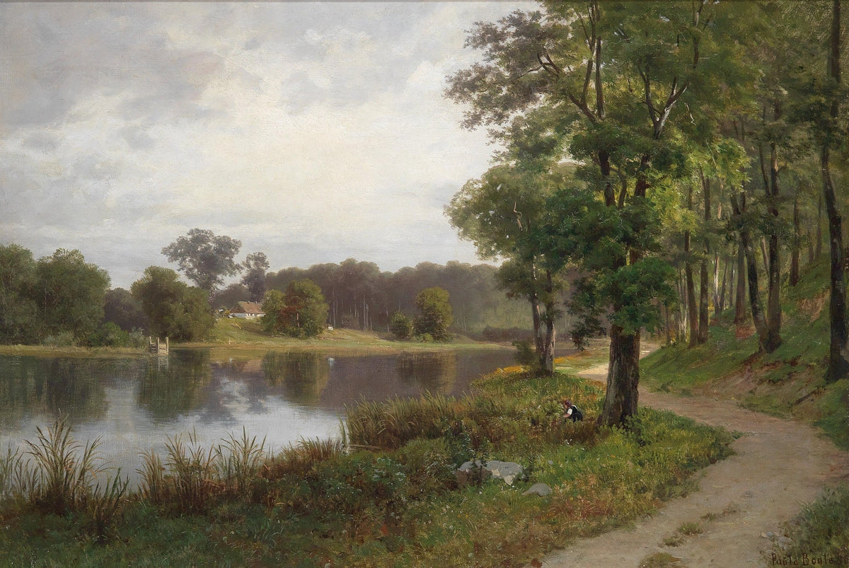 Hand-painted quiet lakeside path and forest view landscape oil painting on canvas