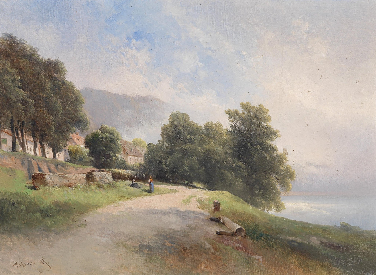 Hand-painted quiet lakeside path by village trees landscape oil painting on canvas