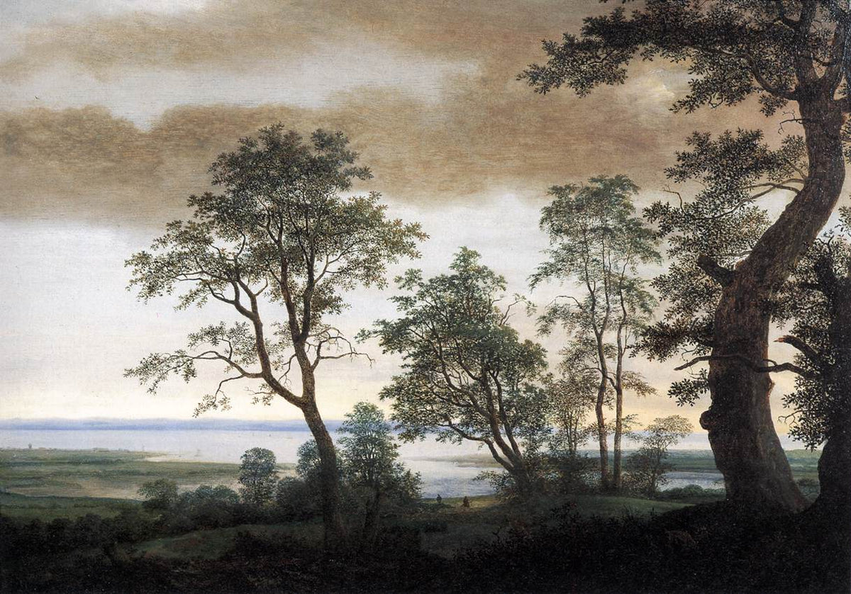 Hand-painted quiet lakeside trees under soft sky landscape oil painting on canvas