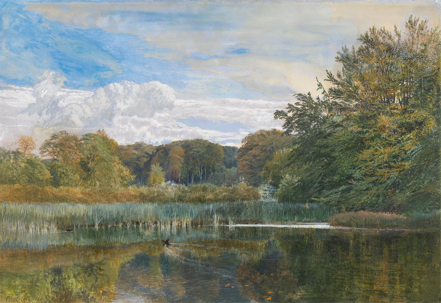 Hand-painted quiet marsh with trees and cloudy sky landscape oil painting on canvas