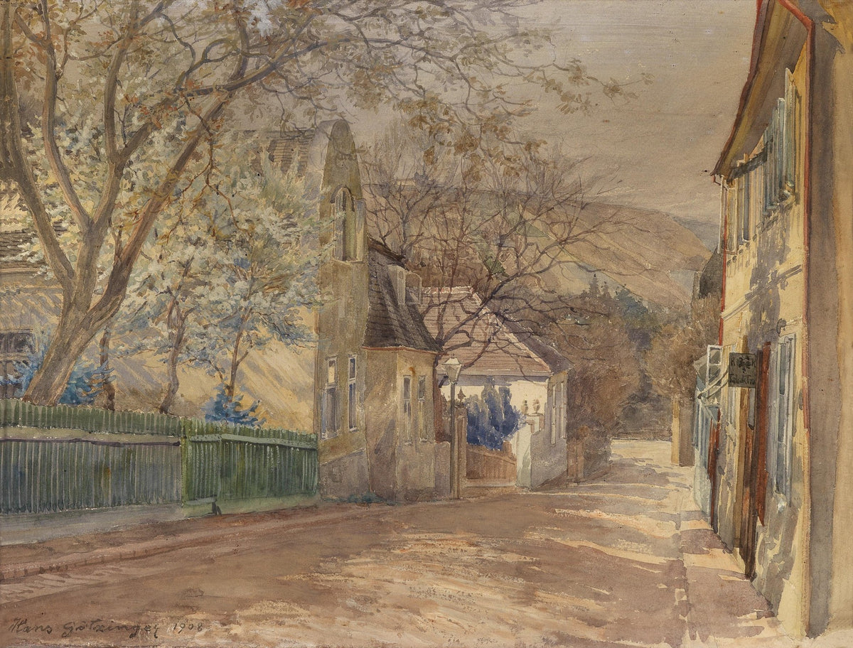 Hand-painted quiet village street with blossoms view landscape oil painting on canvas