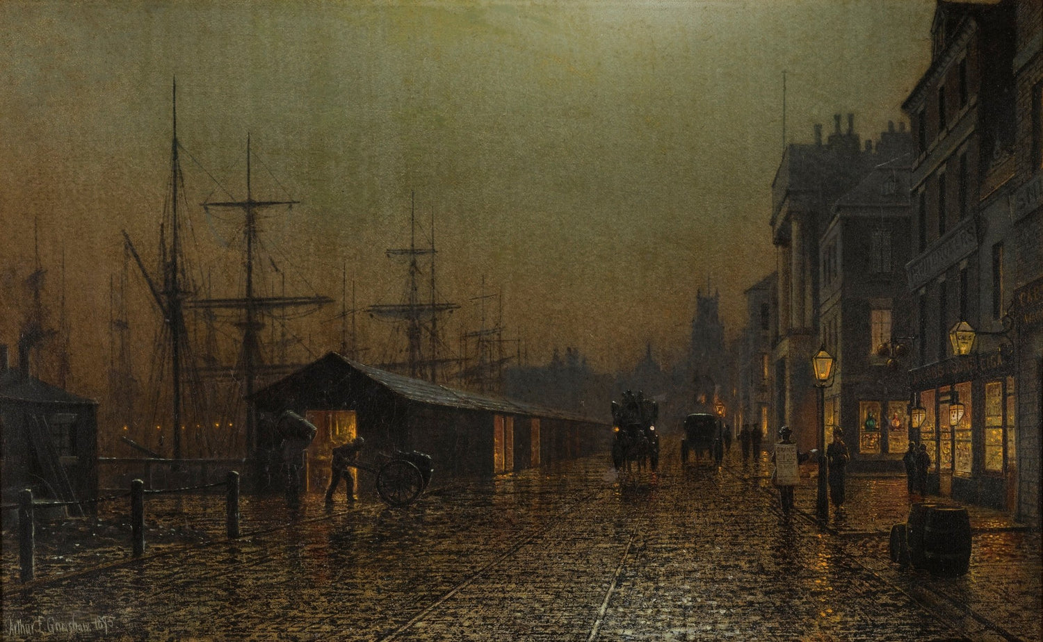 Hand-painted rainy harbor street at dusk with ships landscape oil painting on canvas
